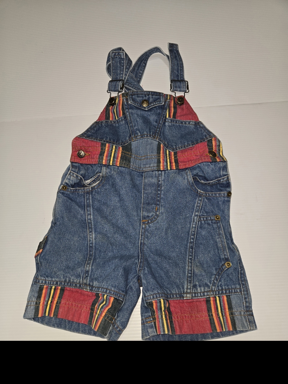 Vintage Kids Denim Short Overalls with Red Stripe Accents